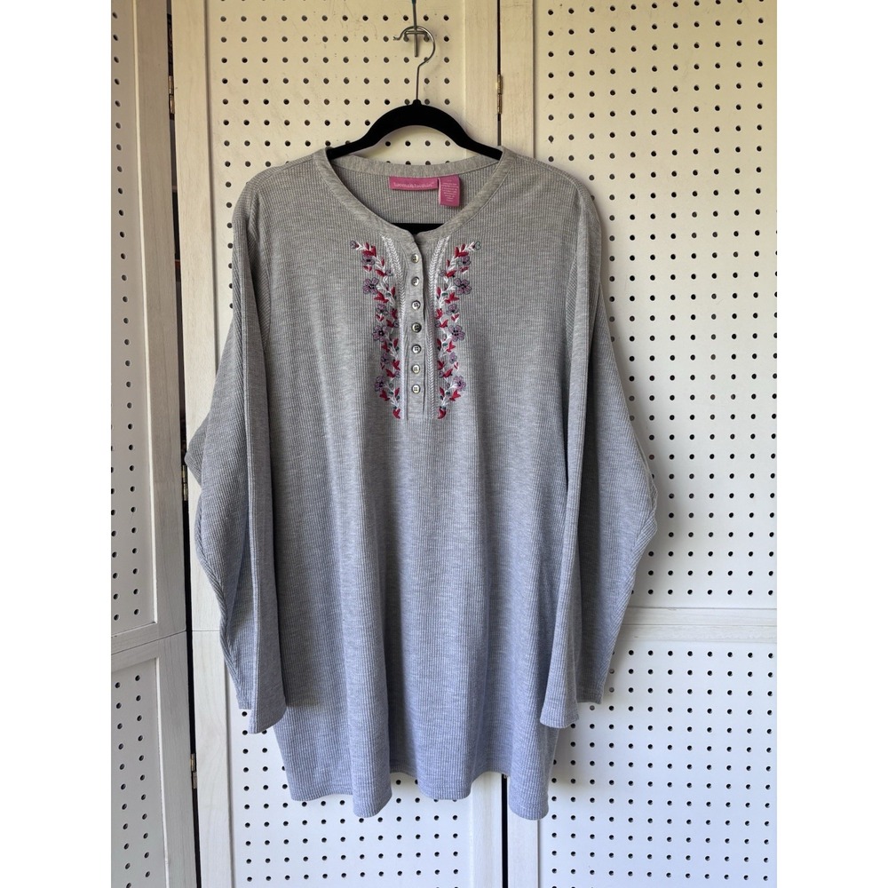 Woman Within 2X Waffle Knit Long SLV Top Henley Button Beaded Embroiderey Gray